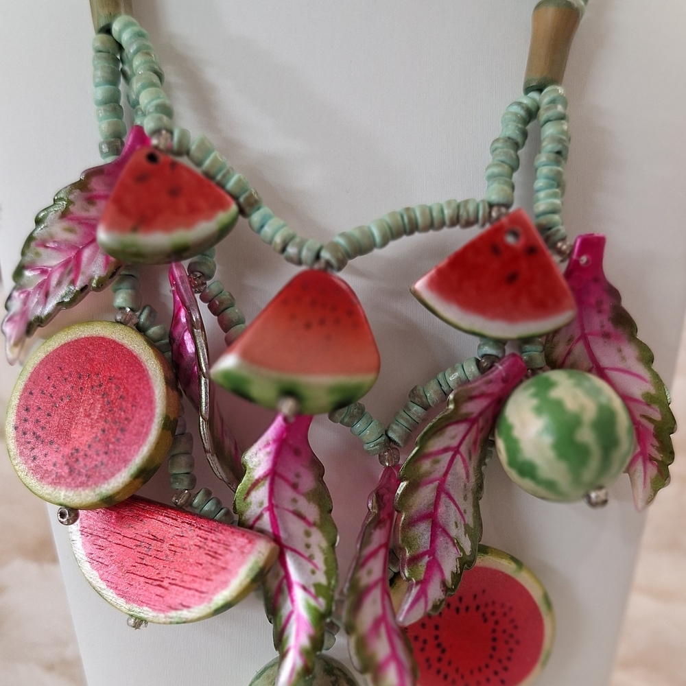 Pink and Green Wood & Acrylic Watermelons Beaded Necklace W/ Dangle Earrings